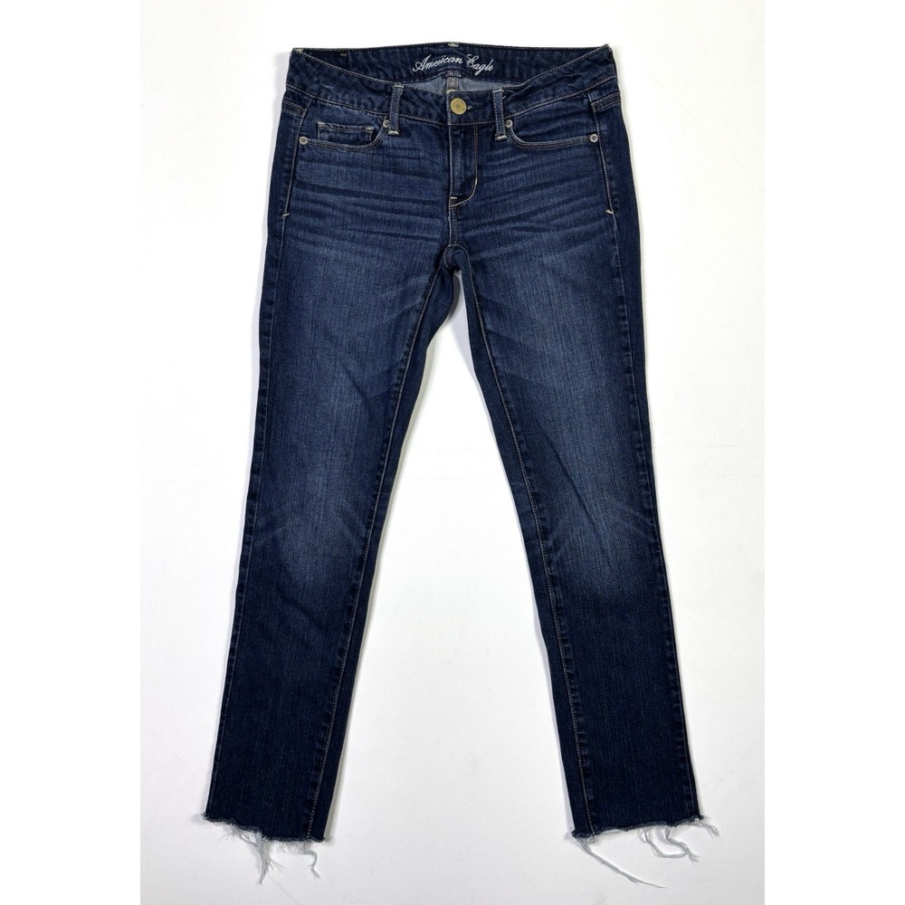 American Eagle Jeans Women's 2 Skinny Stretch Denim Blue Frayed Hem